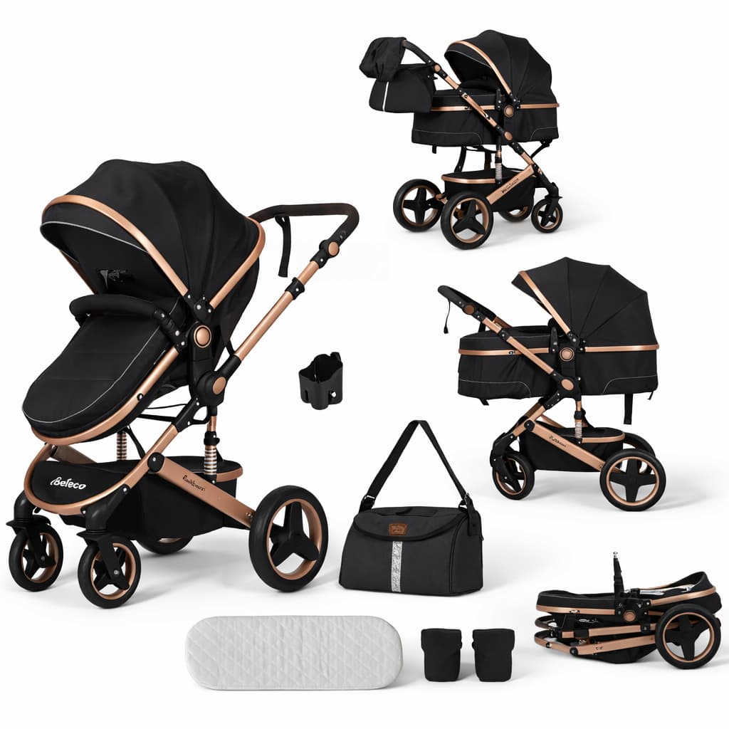 Poussette combinée 2-en-1 BELECOO 580 noire avec accessoires