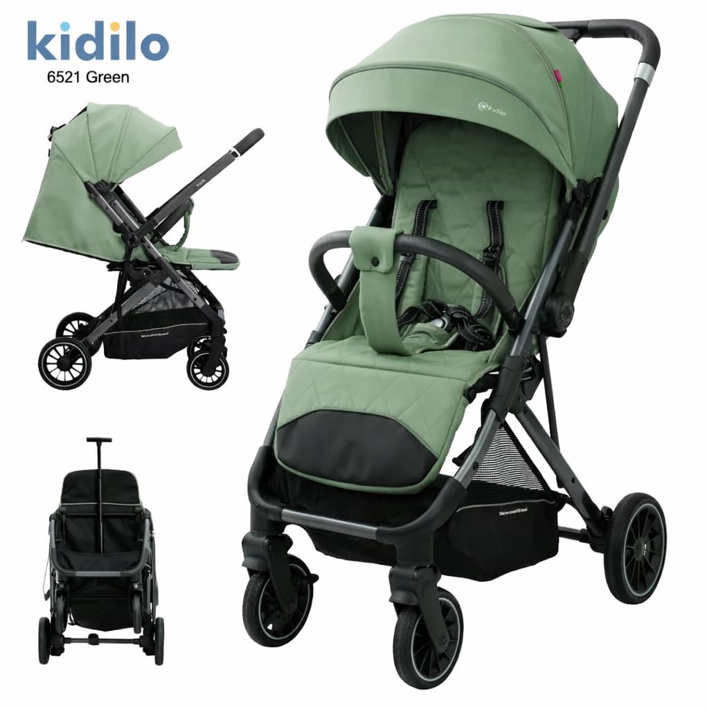 Poussette Kidilo 6521 vert – vue 3/4 sur fond blanc