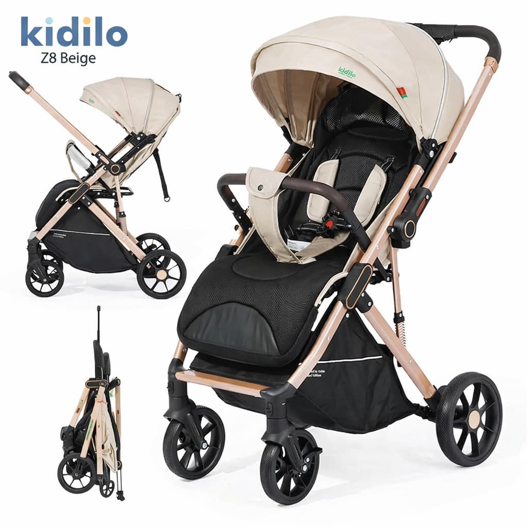 Poussette Kidilo Z8 beige – vue 3/4 sur fond blanc