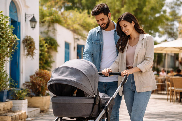 Couple promenant un bébé dans une poussette combinée 2-en-1 avec nacelle et siège