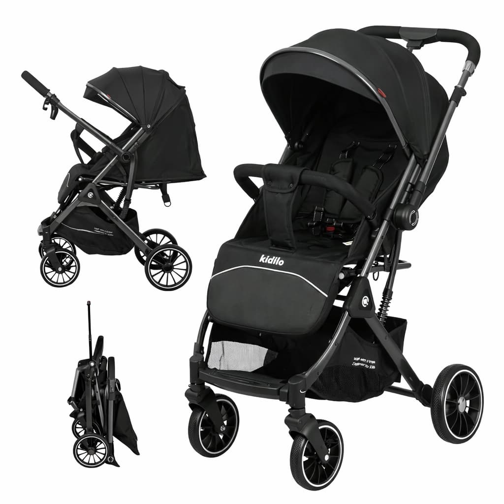 Poussette valise compacte KIDILO 535 noire dépliée et pliée

