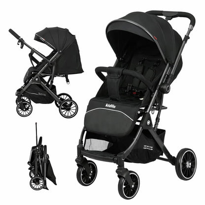Poussette valise compacte KIDILO 535 noire dépliée et pliée

