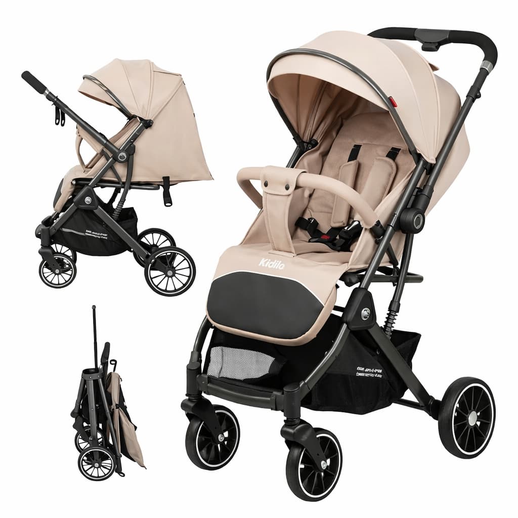 Poussette valise compacte KIDILO 535 beige  dépliée et pliée
