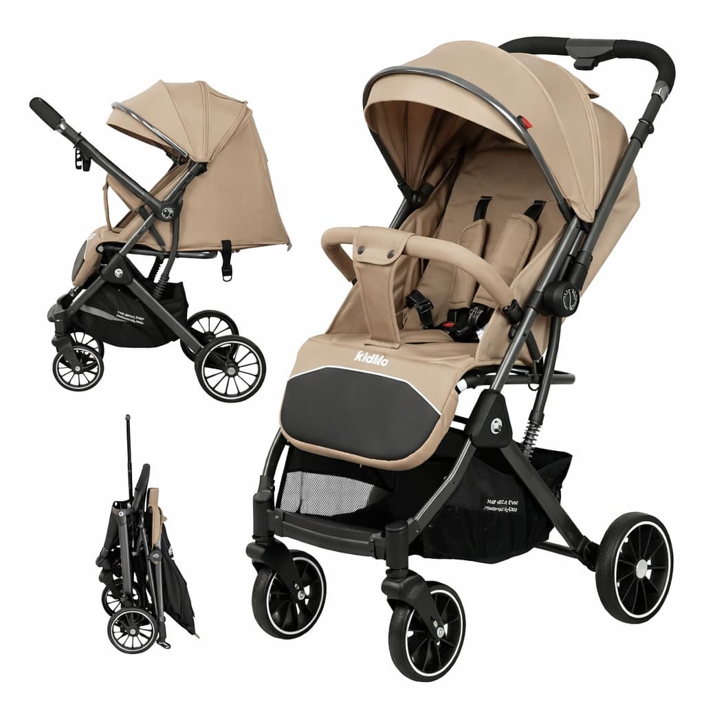 Poussette valise compacte KIDILO 535 coffee dépliée et pliée
