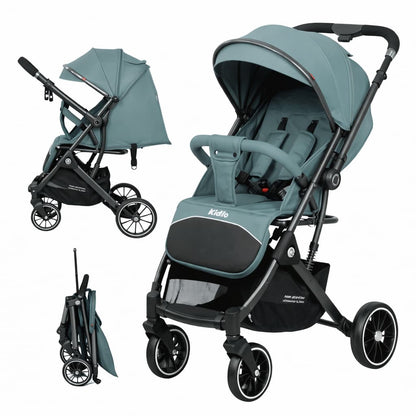 Poussette valise compacte KIDILO 535 verte dépliée et pliée
