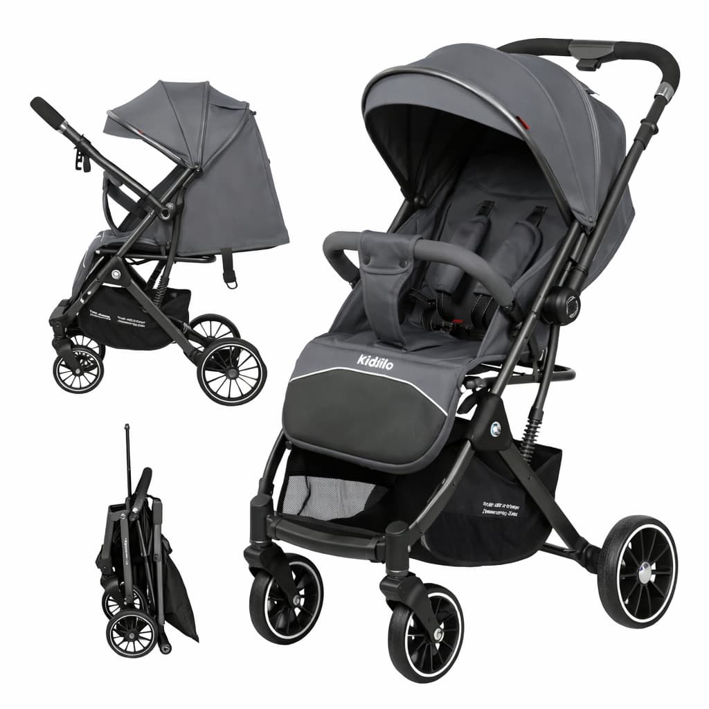 Poussette valise compacte KIDILO 535 grise dépliée et pliée
