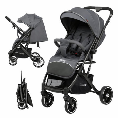 Poussette valise compacte KIDILO 535 grise dépliée et pliée
