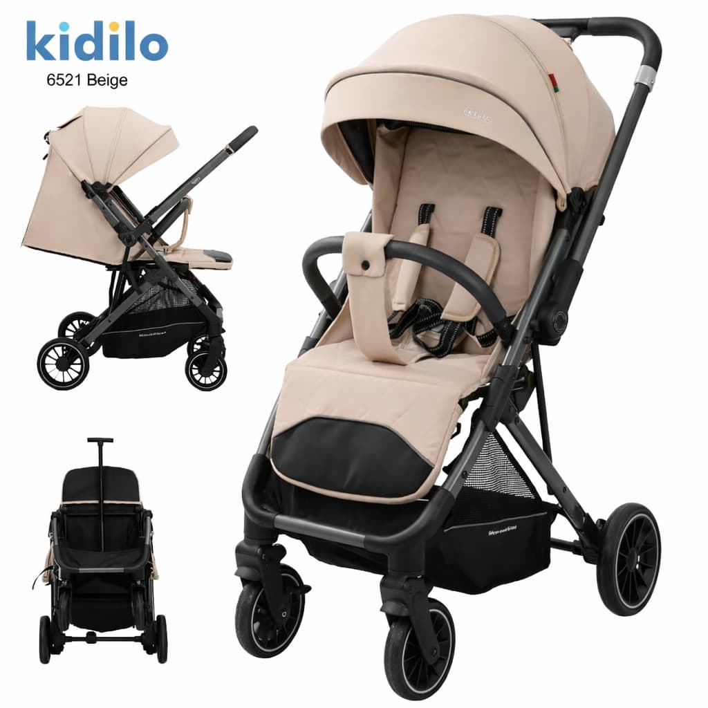 Poussette Kidilo 6521 beige – vue 3/4 sur fond blanc