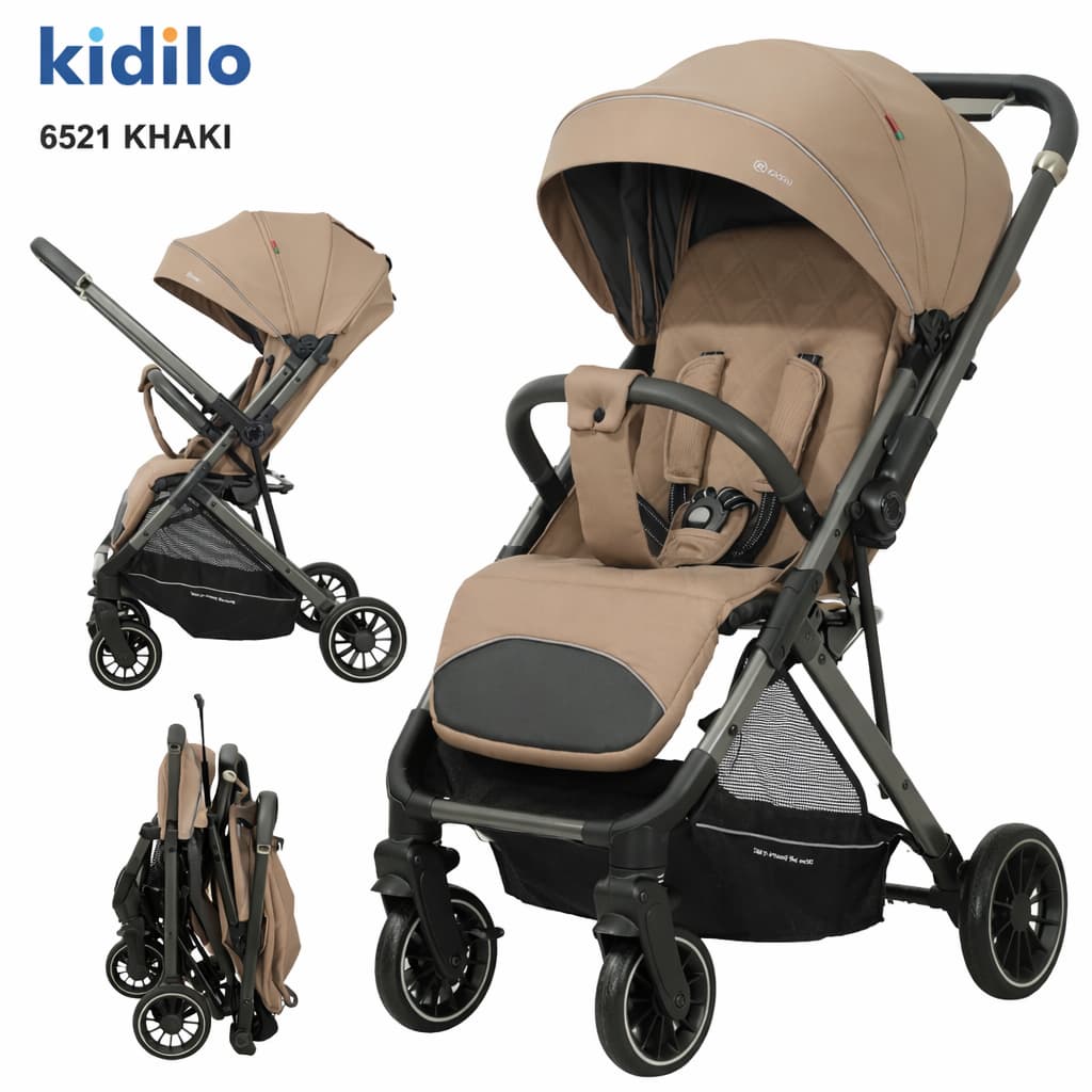 Poussette Kidilo 6521 khaki– vue 3/4 sur fond blanc