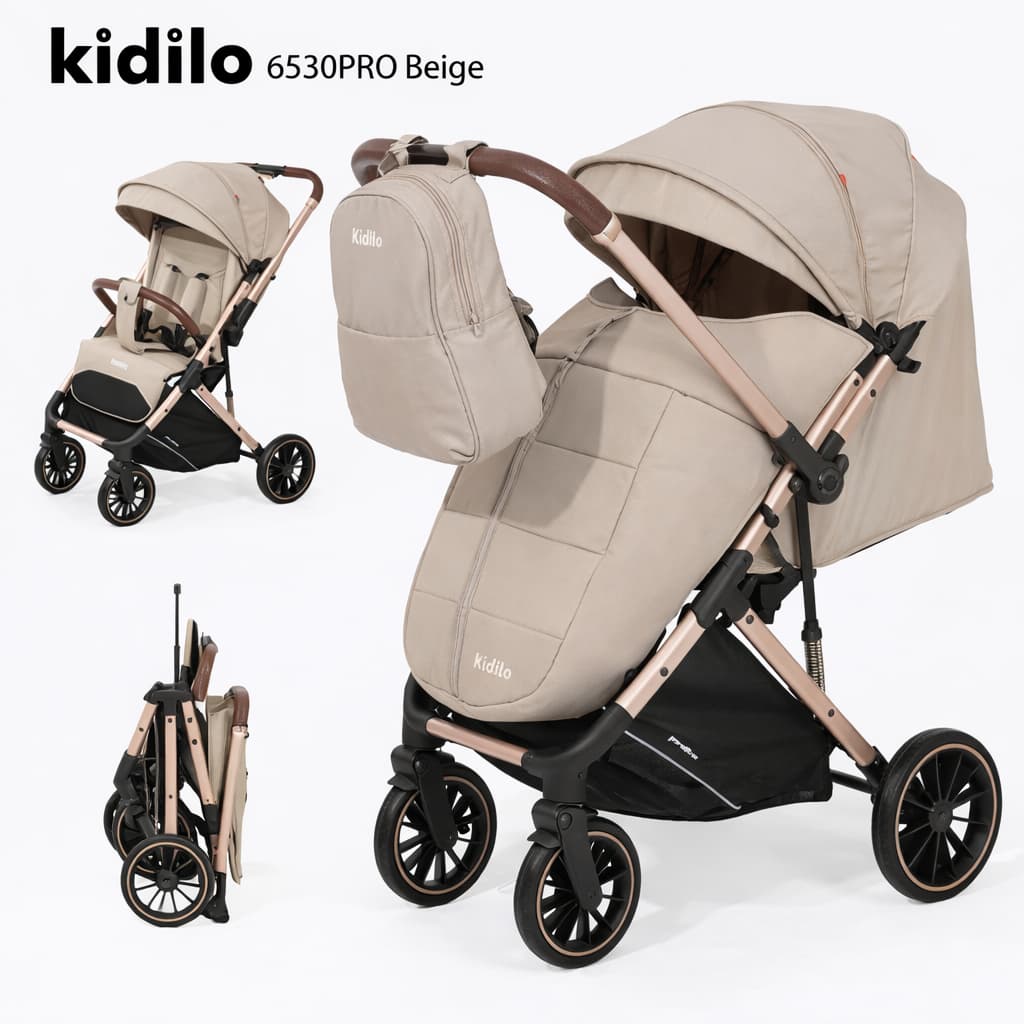 Poussette valise compacte KIDILO 6530B Pro beige dépliée et pliée
