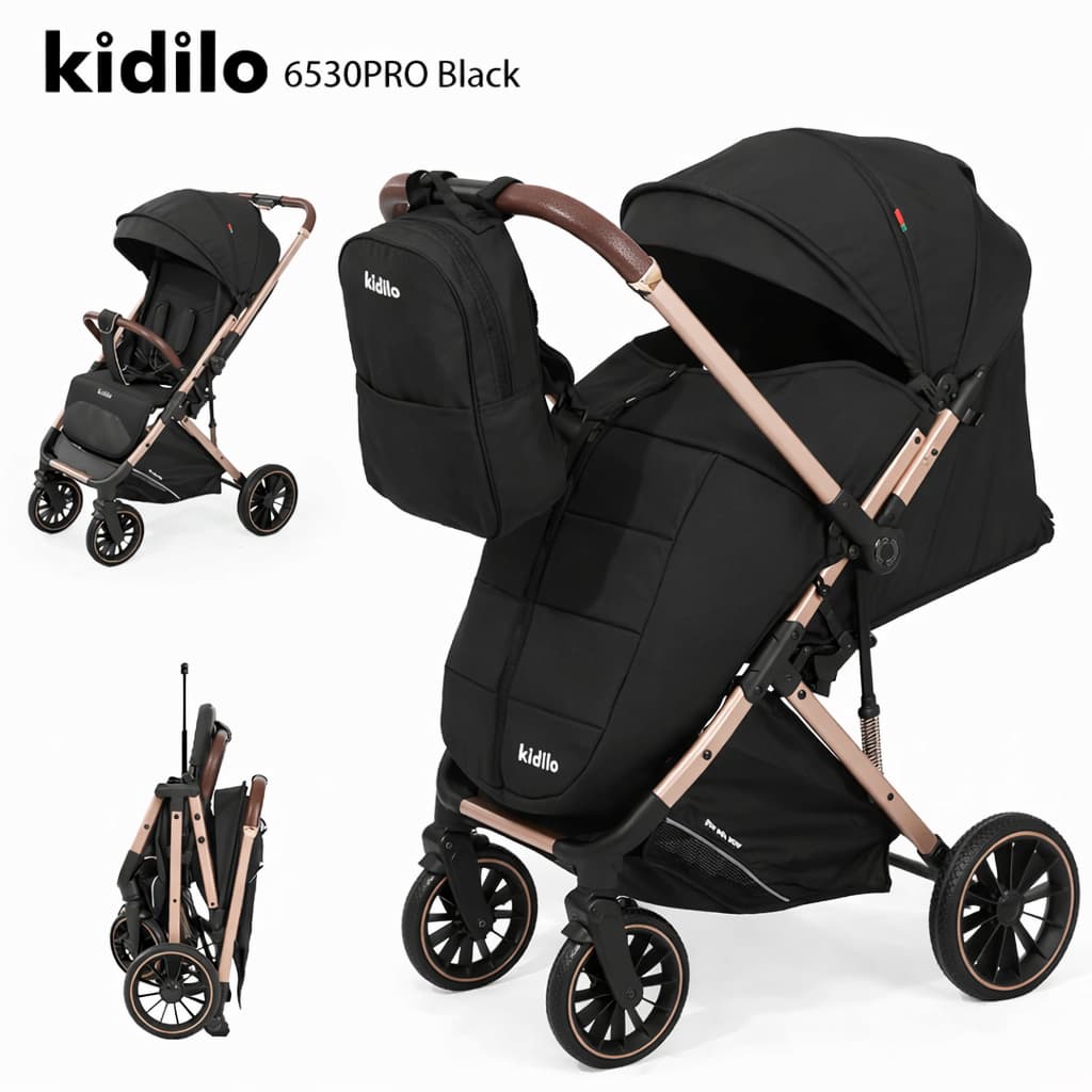Poussette valise compacte KIDILO 6530B Pro noire dépliée et pliée

