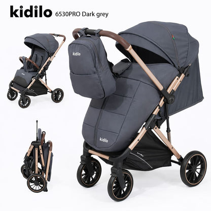 Poussette valise compacte KIDILO 6530B Pro gris foncé dépliée et pliée
