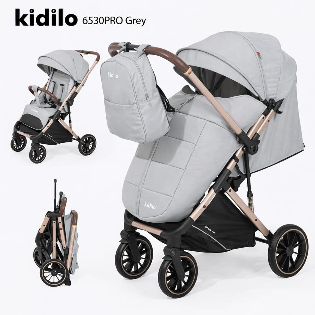Poussette valise compacte KIDILO 6530B Pro grise dépliée et pliée
