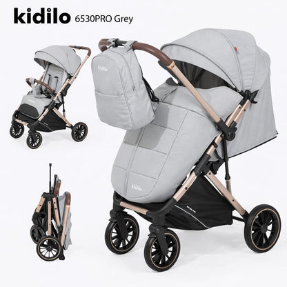 Poussette valise compacte KIDILO 6530B Pro grise dépliée et pliée
