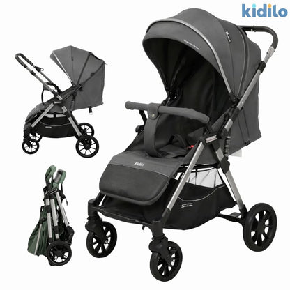 📋 Poussette valise réversible Kidilo D3 Air Travel compacte et pliable vue 3/4 dark grey