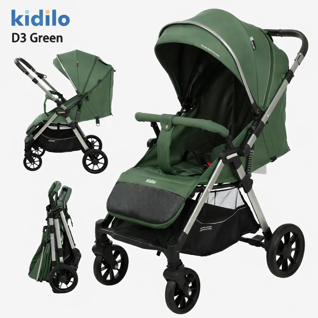 📋 Poussette valise réversible Kidilo D3 Air Travel compacte et pliable vue 3/4 green