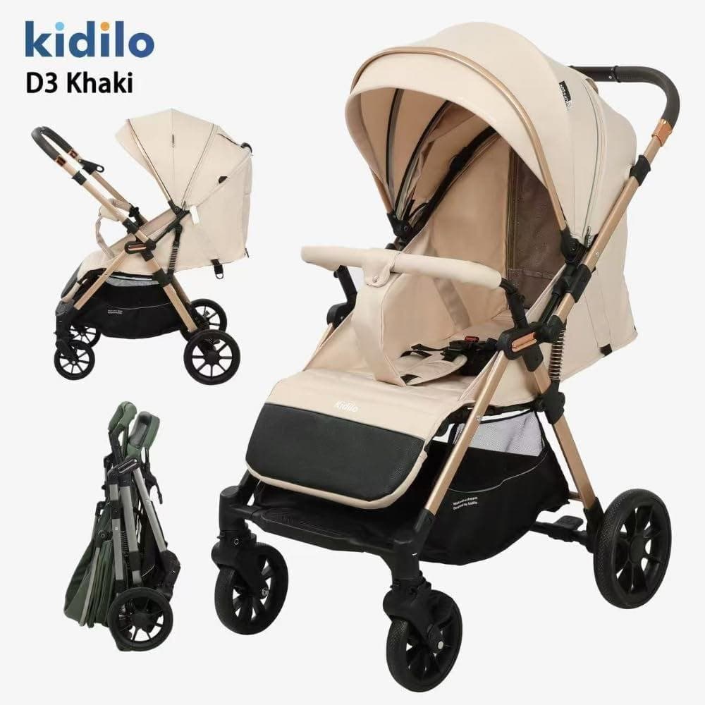 📋 Poussette valise réversible Kidilo D3 Air Travel compacte et pliable vue 3/4 khaki