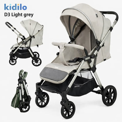 📋 Poussette valise réversible Kidilo D3 Air Travel compacte et pliable vue 3/4 light grey
