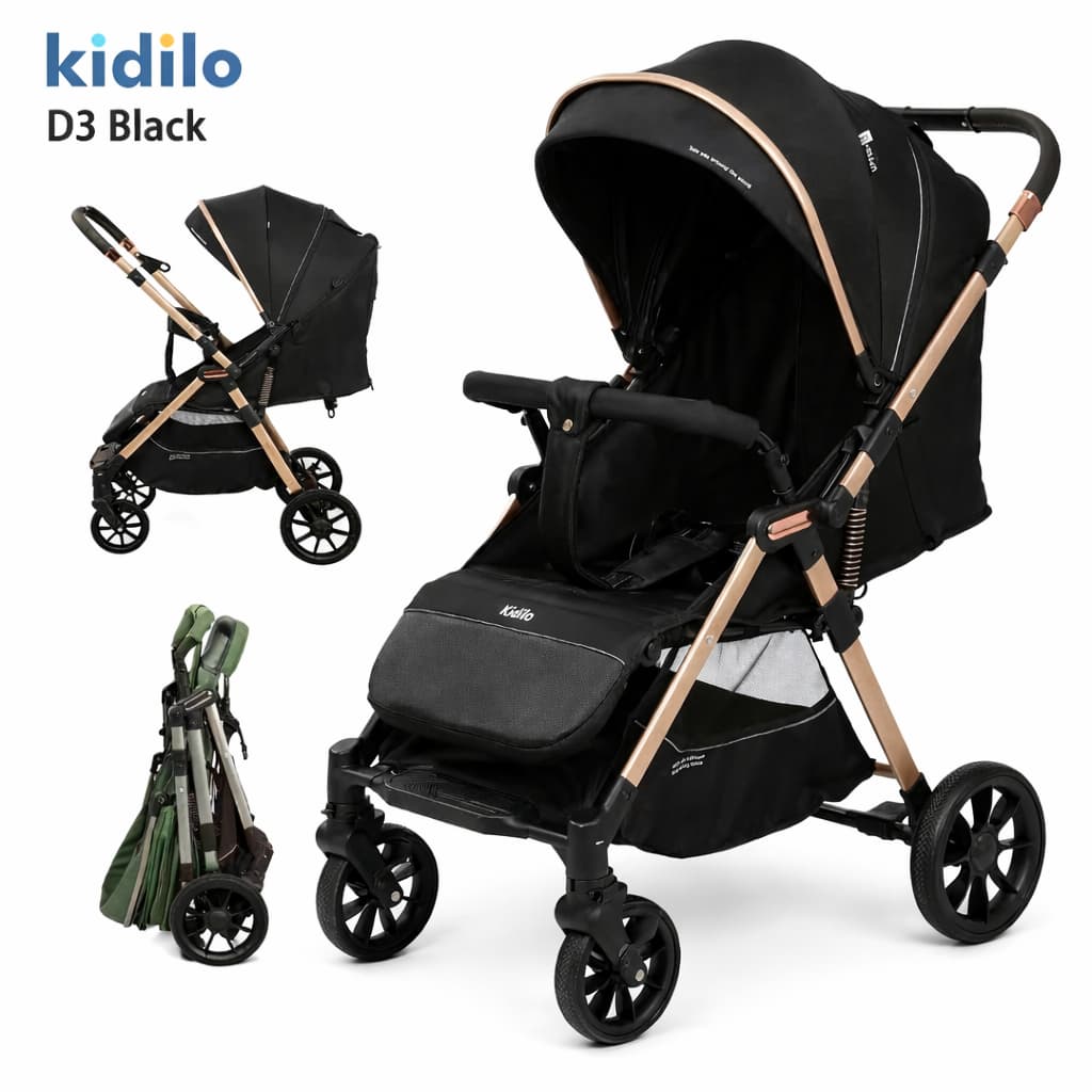 📋 Poussette valise réversible Kidilo D3 Air Travel compacte et pliable vue 3/4 noire
