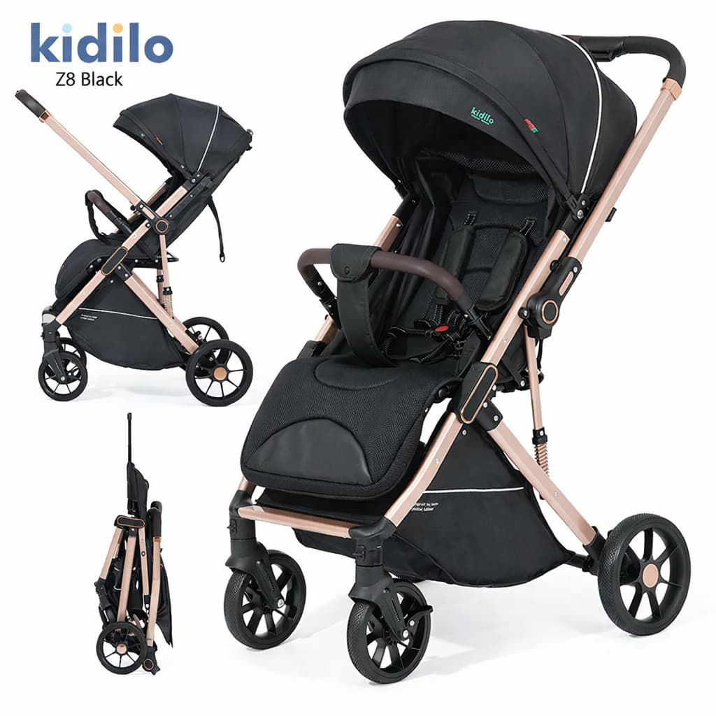 Poussette Kidilo Z8 noir – vue 3/4 sur fond blanc
