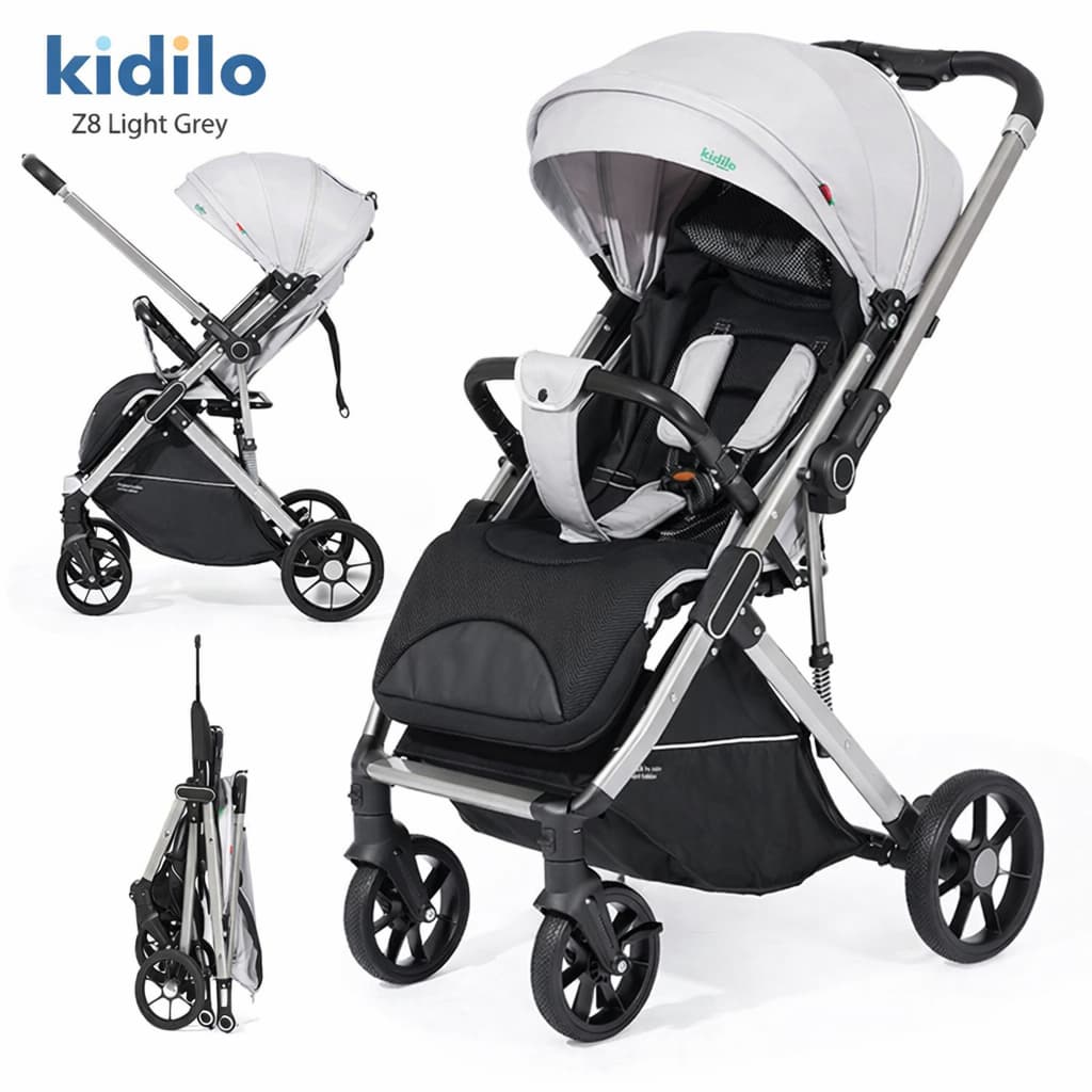 Poussette Kidilo Z8 gris – vue 3/4 sur fond blanc
