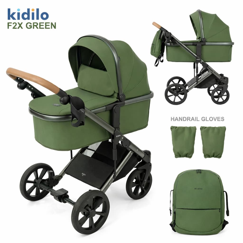 Poussette combinée 2 en 1 Kidilo F2X verte avec nacelle et accessoires
