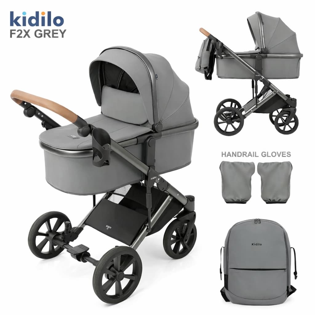Poussette combinée 2 en 1 Kidilo F2X grise avec nacelle et accessoires

