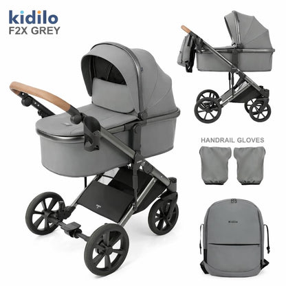 Poussette combinée 2 en 1 Kidilo F2X grise avec nacelle et accessoires
