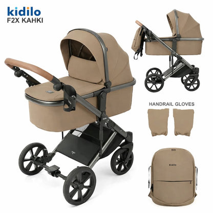 Poussette combinée 2 en 1 Kidilo F2X khaki avec nacelle et accessoires
