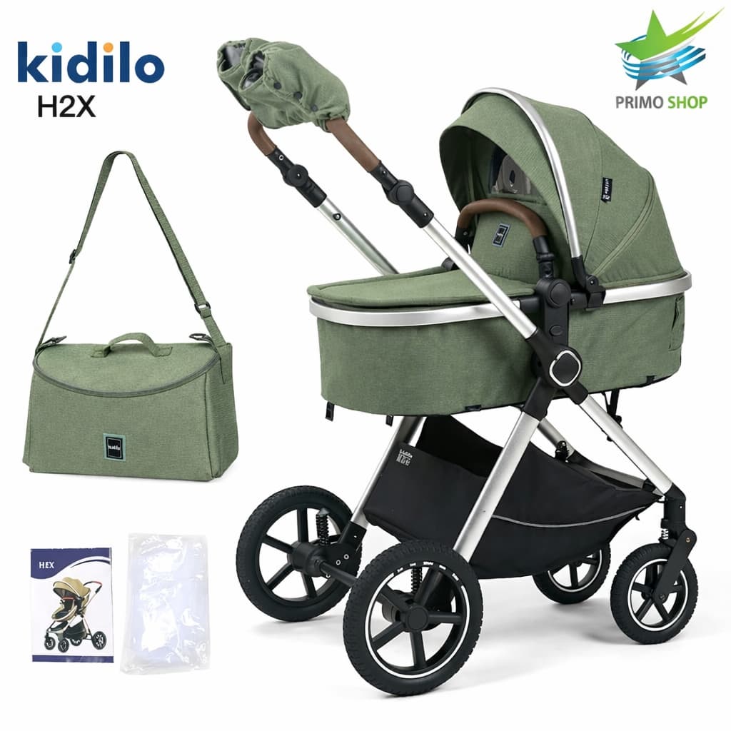 Poussette combinée 2 en 1 Kidilo H2X verte avec nacelle et accessoires
