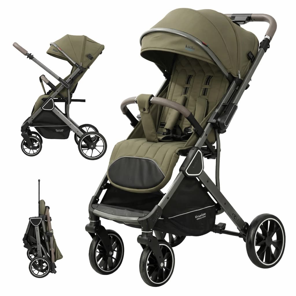 Poussette valise compacte KIDILO K101  khaki dépliée et pliée
