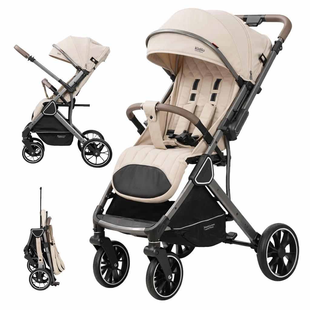Poussette valise compacte KIDILO K101  beige dépliée et pliée