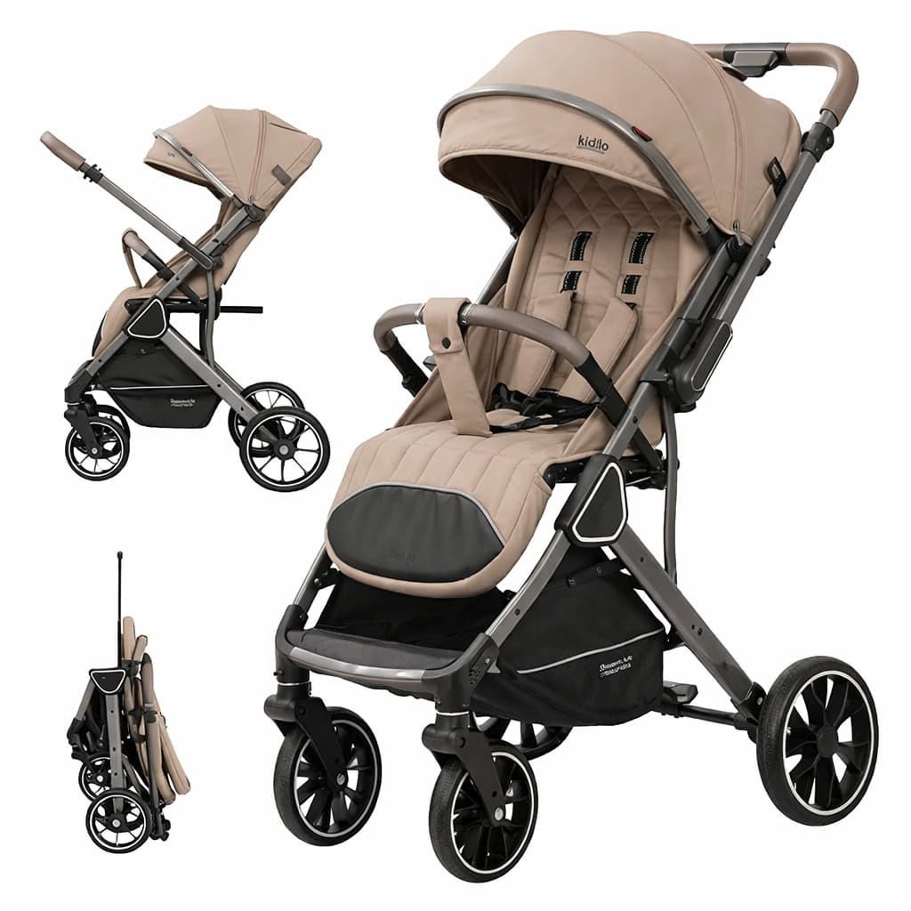 Poussette valise compacte KIDILO K101  marron dépliée et pliée