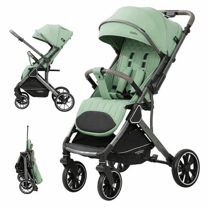 Poussette valise compacte KIDILO K101  verte dépliée et pliée