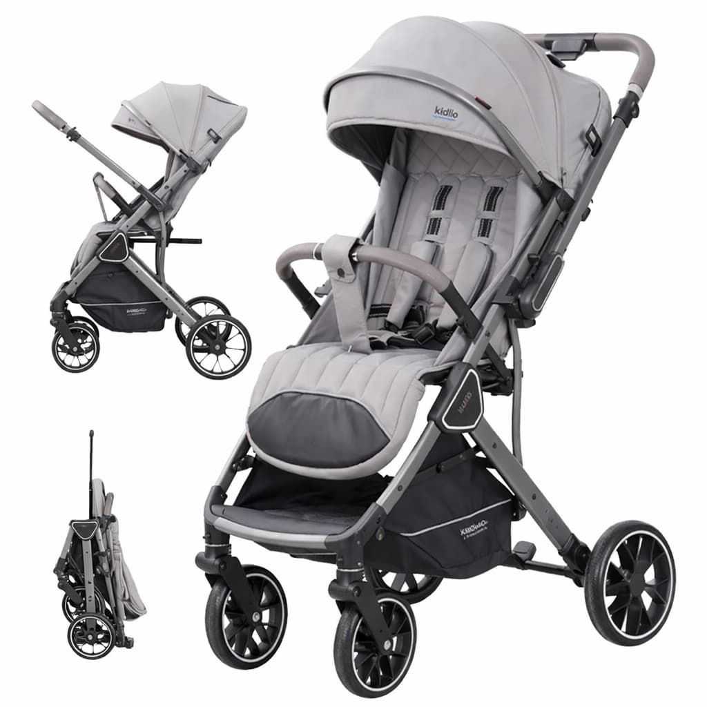 Poussette valise compacte KIDILO K101  grise dépliée et pliée