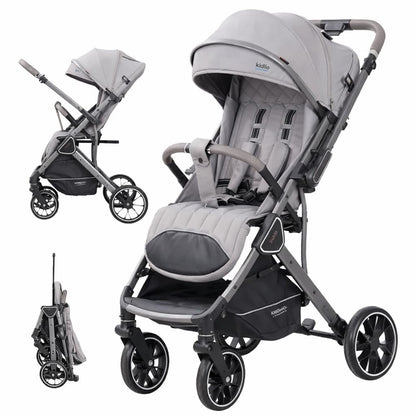 Poussette valise compacte KIDILO K101  grise dépliée et pliée