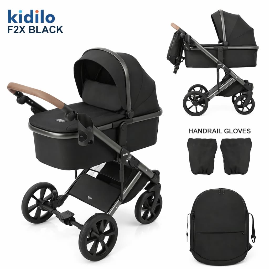 Poussette combinée 2 en 1 Kidilo F2X noire avec nacelle et accessoires

