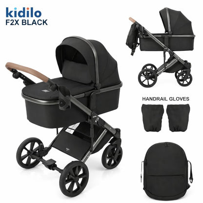 Poussette combinée 2 en 1 Kidilo F2X noire avec nacelle et accessoires
