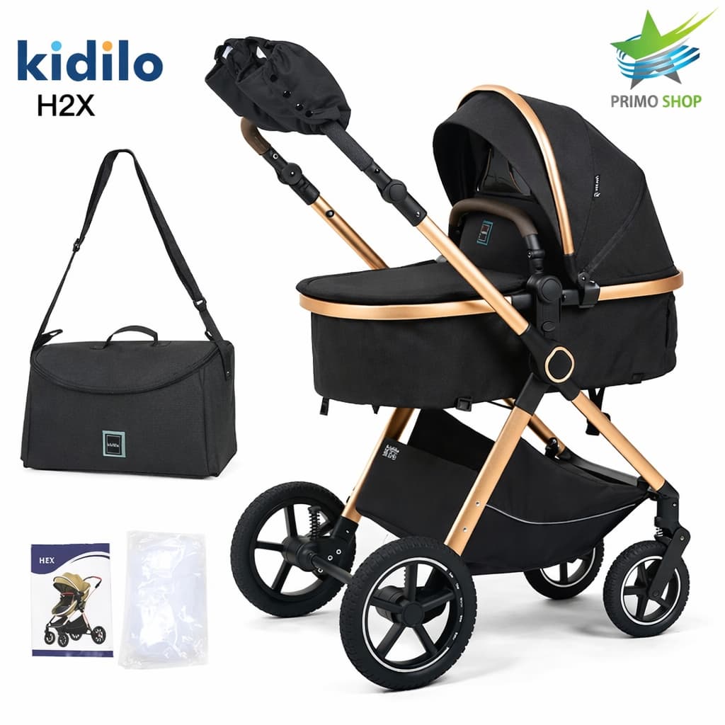 Poussette combinée 2 en 1 Kidilo H2X noire avec nacelle et accessoires
