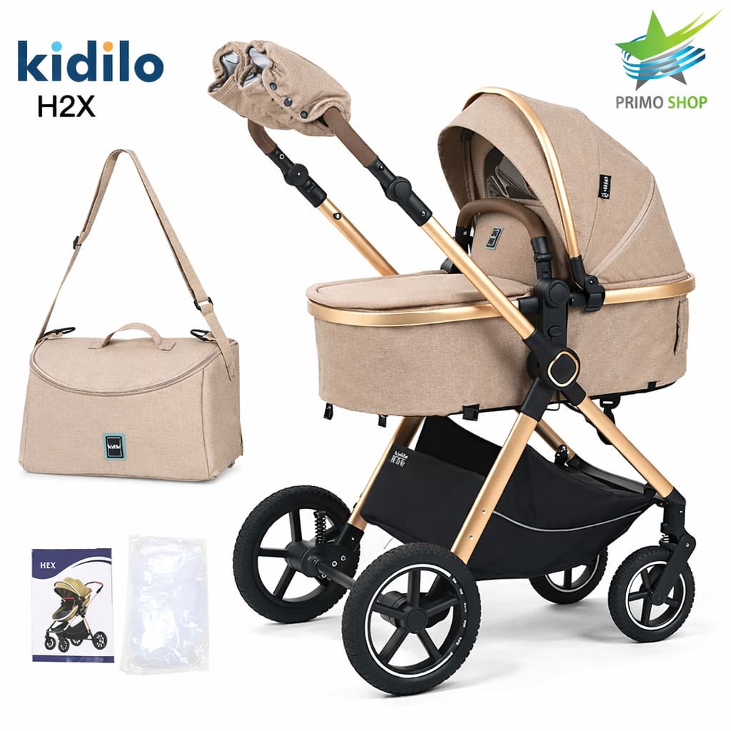 Poussette combinée 2 en 1 Kidilo H2X beige avec nacelle et accessoires
