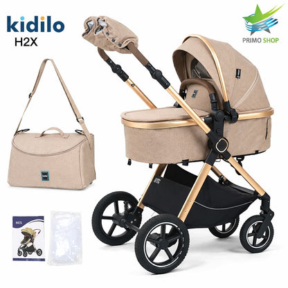 Poussette combinée 2 en 1 Kidilo H2X beige avec nacelle et accessoires
