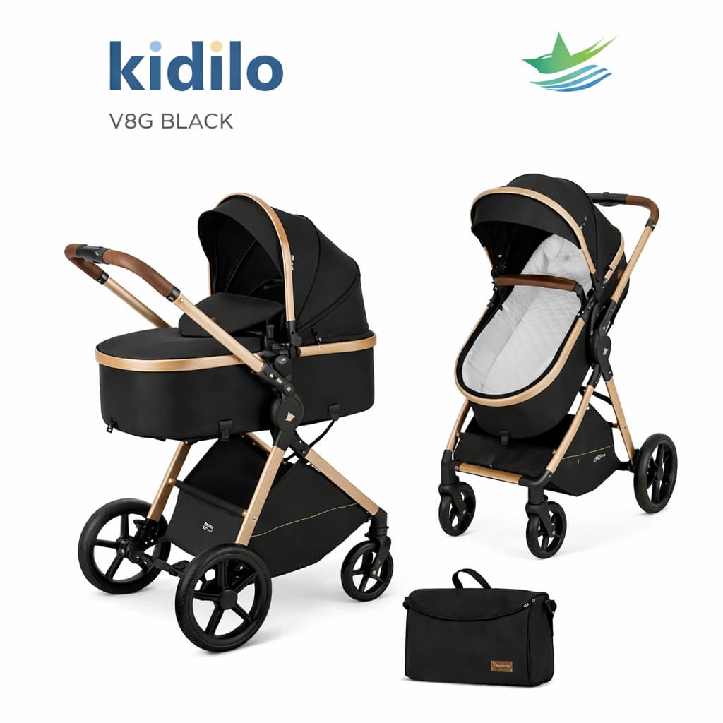 Poussette combinée 2 en 1 Kidilo V8G noire avec nacelle et siège
