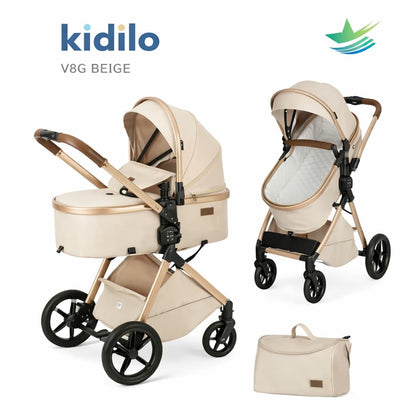 Poussette combinée 2 en 1 Kidilo V8G beige avec nacelle et siège
