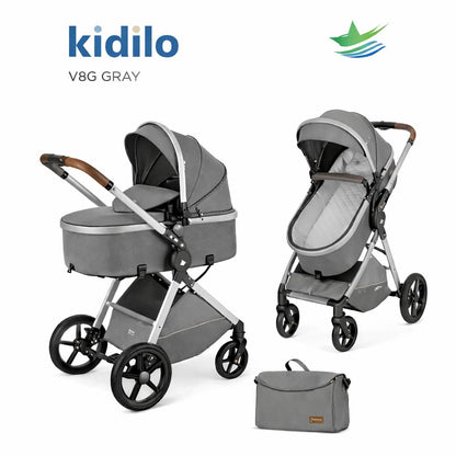 Poussette combinée 2 en 1 Kidilo V8G grise avec nacelle et siège
