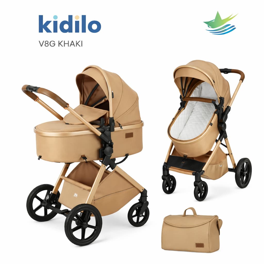 Poussette combinée 2 en 1 Kidilo V8G khaki avec nacelle et siège
